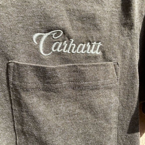 Women's Carhartt T-Shirt Green Spell-Out Cursive S Crew Cotton Pocket Cursive - Picture 9 of 12
